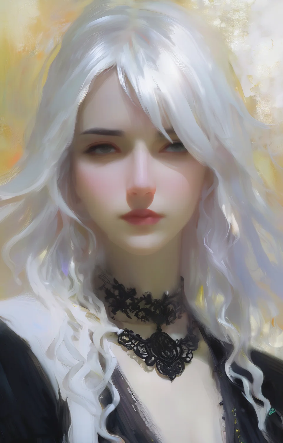 (Style by NTY:1.4), a woman, black shirt, white hair, intricate, dark, <lora:OilPaint:0.7>