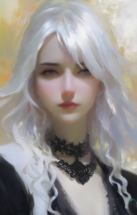 (Style by NTY:1.4), a woman, black shirt, white hair, intricate, dark, <lora:OilPaint:0.7>