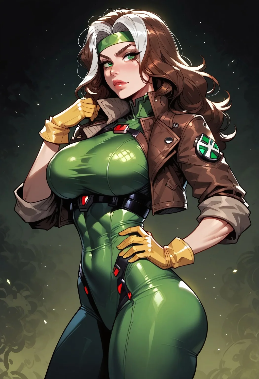 safe_pos, score_9, score_8_up, score_7_up, masterpiece, best quality, Flint_SR_Style, fca_style
BREAK
1girl, solo, up, RogueXMXL, green eyes, brown hair, two-tone hair, long hair, headband, large breasts, round breasts, cropped jacket, brown jacket, sfw, yellow gloves, yellow boots, green bodysuit, perfect anatomy
BREAK
side view, textured skin, green background, medium long shot
BREAK
Posing sexy, hand on hip,