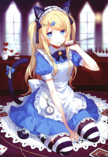 1girl, alice \(alice in wonderland\), 
striped clothes, striped thighhighs, animal ears, knife, blonde hair, thighhighs, blue eyes, tail, holding knife, holding, dress, hair ornament, pocket watch, cat ears, solo, heart, watch, looking at viewer, clock, cat tail, hairclip, long hair, frills, blue dress, card, black footwear, fake animal ears, apron, short sleeves, between legs, mouth hold, hairband, frilled dress, bow, shoes, frilled apron, holding dagger, indoors, blue bow, playing card, cup, hand between legs, blurry, puffy sleeves, puffy short sleeves, white apron, dagger, kneeling, blue nails, heart hair ornament, teacup, bell, mary janes, stuffed toy, key, ribbon, blush, breasts, two side up, closed mouth, swept bangs, maid apron, smile, blue ribbon, nail polish, full body, stuffed animal, maid headdress,
masterpiece, best quality, newest, absurdres, highres, safe
 <lora:Dhiea1_noob1.1-000177:1>