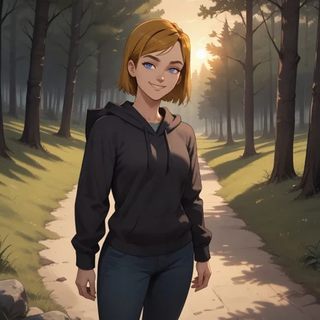 score_9, score_8, BREAK, solo, total drama, 1girl, dark blonde hair, indigo eyes, black eyebrows, pointy nose, lips, dark brown hoodie, dark blue pants, green sneakers, Jo_(\Total_Drama\), tdroti, short hair, sexy pose, smile, outdoors, sunlight, shadows, evening lighting, natural lighting, forest, trees, grass, orange sky, sunset