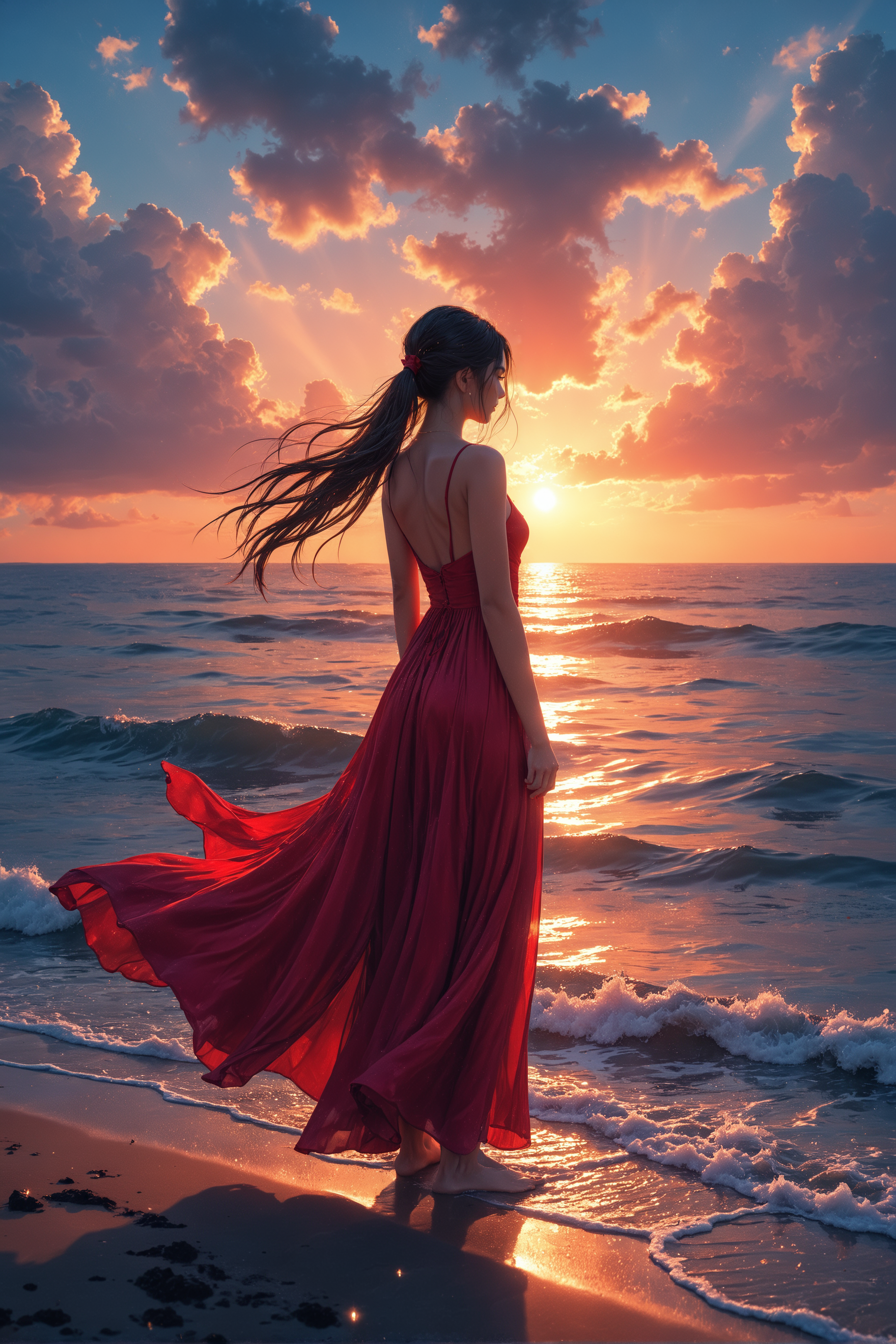 1girl back black hair blue sky day dress facing away fire from behind glowing horizon long dress long hair low ponytail ocean red dress reflection sky solo standing sunset water , volumetric light accent, sea glitter