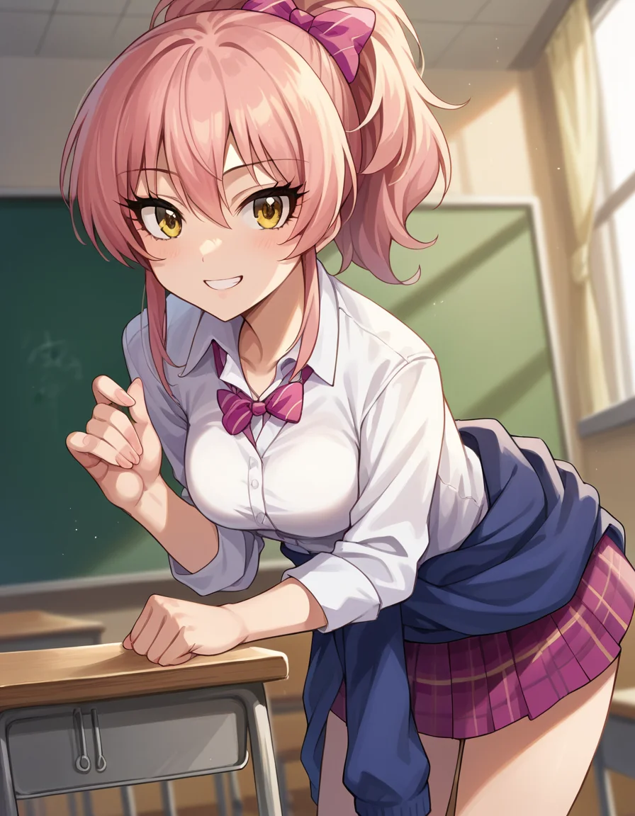 score_9, score_8_up, score_7_up, source_anime,
mikajougasaki, <lora:mika-jougasaki-ponyxl-lora-nochekaiser:1>
mika jougasaki, hair bow, long hair, pink hair, yellow eyes, ponytail, smile,
bow, clothes around waist, plaid, plaid skirt, school uniform, skirt, sweater, sweater around waist,
indoors, classroom, bent over,
looking at viewer, dutch angle, cowboy shot,