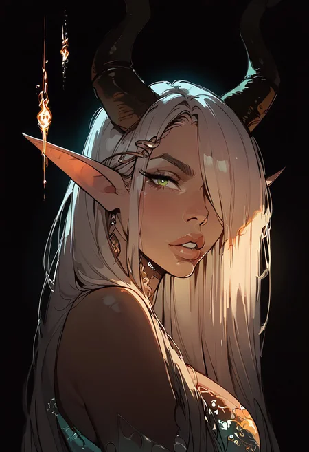 score_9, score_8_up, score_7_up, score_6_up,score_5_up, closeup, portrait, detail,
(1girl:1.2), Frieren, very long hair,brown hair,hair over one eye,one eye covered,horns,horn ornament, elf ears, silver hair, (laser light clothes:1.3), (glowing dress:1.3), twintails, (((turns to the viewer, the view from the back))), (perfect face:1.1), green eyes,glittering, onyx dress, large breasts, hug-and-suck, deepthroat, from side, profile,