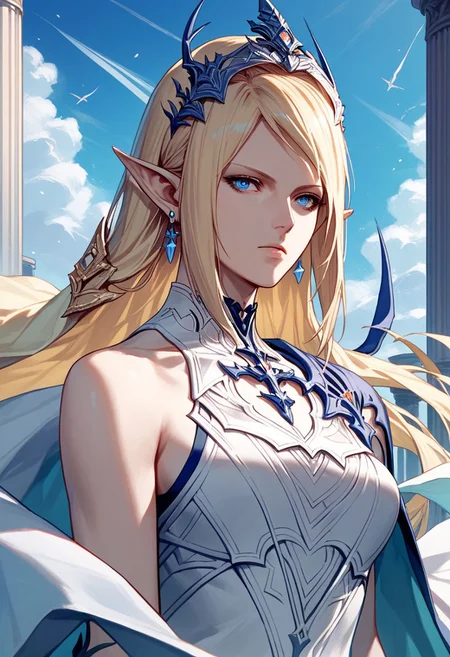 score_9,score_8_up,score_7_up,source_anime,Shiva,1girl,solo,long hair,blue eyes,blonde hair,jewelry,earrings,sky,pointy ears,crown,crystal,pillar,