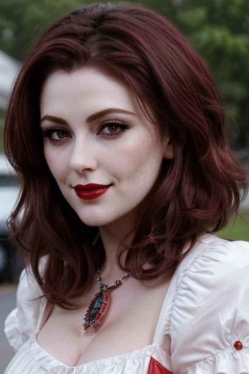 <lora:diorabaird:0.5>, diorabaird,((dark red hair)), , photo of a woman, ((black hair, short hair)), ((outdoors, detailed fantasy city, white dress, revolver pistol)),smiling, ((red lipstick, blush)), ((best quality, masterpiece, extreme details, high resolution):1.2),((detailed eyes, beautiful eyes, detailed face, beautiful face):1.2)