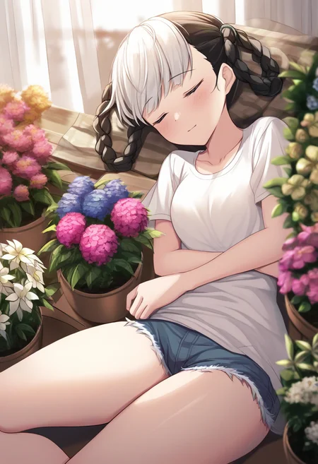 solo, headpat,
two-tone hair, black hair, white hair, twin braids,light smile, shy, flower shop,
white shirt, thighs, cutoffs, t-shirt,
lying, sleeping,
warm lighting,
white curtains,
masterpiece, best quality
<lora:bambinataNOOB10:1>