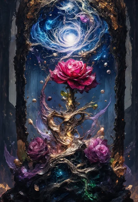 Ultra-realistic 8K resolution, Octane render, Unreal Engine 5 masterpiece, dark academia aesthetic, enchanted glass terrarium containing: one hybrid heliotrope-roses with translucent ruby gemstone petals (vitreous refraction), metallic obsidian stems (bioluminescent vascular system), liquid mercury dewdrops suspended mid-fall, spiral cerulean nebula core emitting plasma tendrils, fractured amber glass veins pulsing with trapped starlight, quantum foam escaping through dimensional cracks, non-Euclidean spacetime geometry, vantablack void background with gravitational lensing distortion, chrono-crystalline lattice framework, volumetric photon mapping event horizon glow, subsurface scattering in petal nanostructures, temporal anomaly causing timeline overlaps, hyperdetailed microbiology under gemstone epidermis, gothic biodigitalpunk style blending Zdzisław Beksiński and Ernst Haeckel, photorealistic macro photography meets celestial cartography, trending on ArtStation --ar 16:9 --v 6.0 --no cartoonish, flat colors, symmetry, human elements
