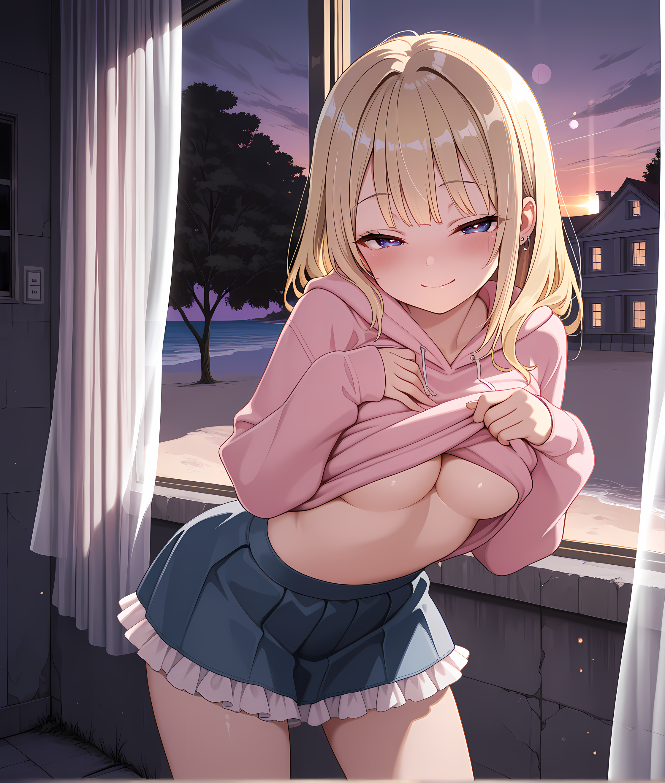 <lora:Teasing__Seduction_Augment_LoRA:1>,looking at viewer,solo,karuizawa kei,seductive smile,blush,evening,mansion,cowboy shot,breasts,gyaru,pink hoodie,hood down,frilled skirt,concrete,ledge,legs apart,window,curtains,light switch,glass,window fog,beach,outdoors,tree,atmospheric perspective,cinematic lighting,surreal,lens flare,leaning forward,half-closed eyes,shirt lift,underboob,, masterpiece,best quality,amazing quality, very aesthetic, absurdres,detailed eyes,ultra-detailed,