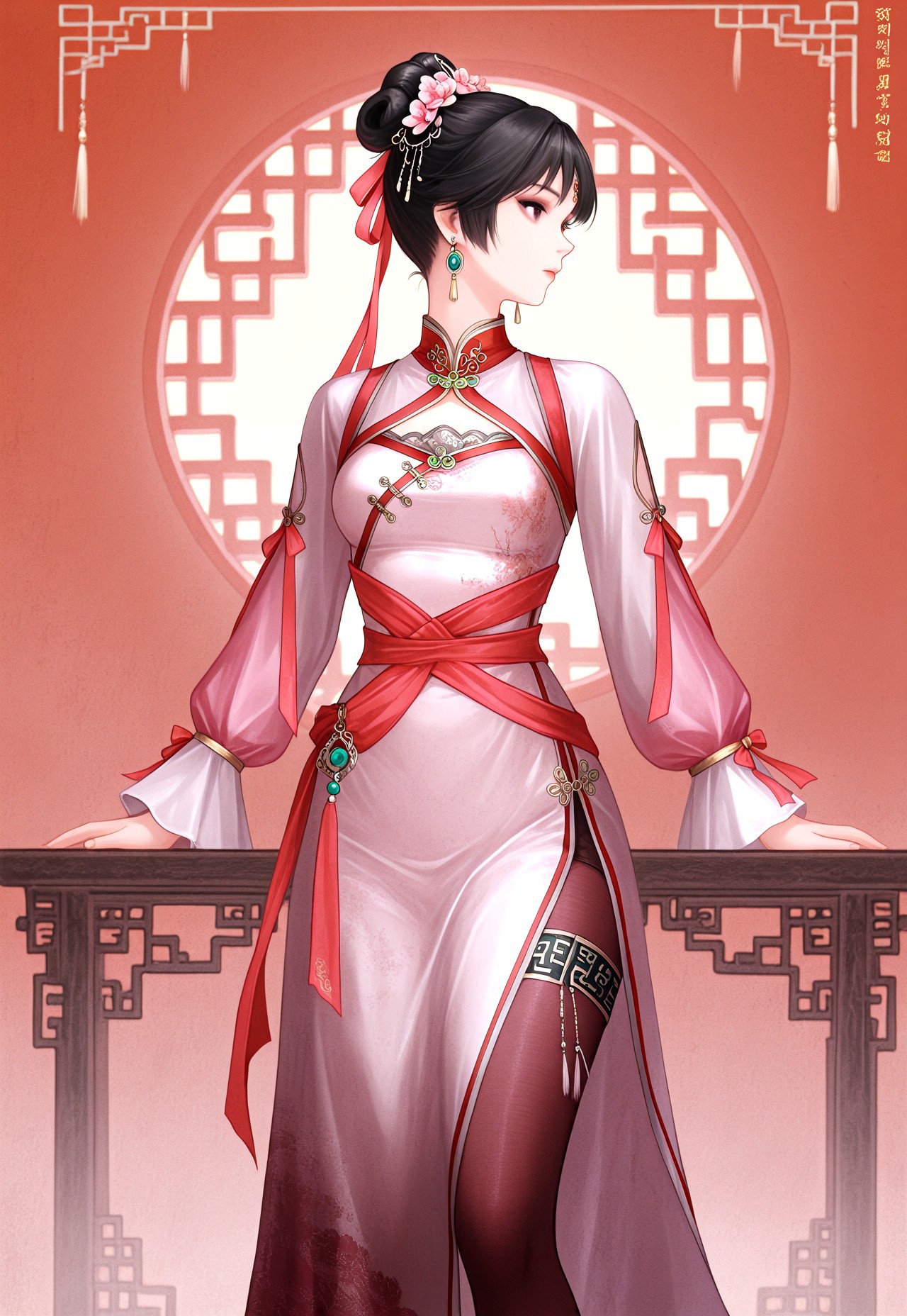 masterpiece, very aesthetic, newest, high score, best quality, absurdres, End_Dynasty_Warriors_4, hair bun, jewelry, hair ornament, chinese clothes, black hair, dress, earrings, solo, pantyhose, hair flower, ribbon, flower, 1girl