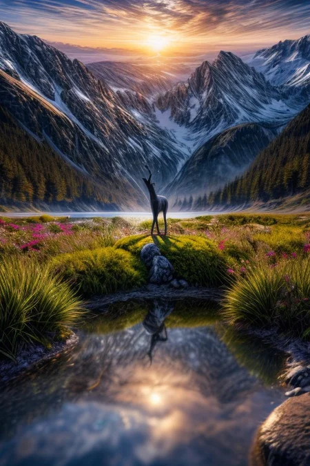 masterpiece, best quality, ultra-detailed, realistic, 8k, pine tree, flowers fields, many kinds of flowers, a couple of rabbits on very distant, lakes, meadows, glitter, afternoon, sunset, out-of-this-world scenery, lifelike, naturalism, greatest naturalism photo, immaculate detailed realism photography, colorful leaves, rich colors, best colors perfect composition, perfect colors, colorful, clear photo, intrigue nature panorama, delicate nature photo, immaculate micro-details nature elements, (out-of-this-world scenery:1.23), beautiful landscape, beautiful flowers, crystal fantastic, breathtaking beautiful nature, unmatched beauty nature, more nature elements, rich nature elements, beach, (awards winning photography:1.37), trending on artstation, real life photo realistic, perfect proportion, aesthetic, artistic style, surreal, insanely lifelike, top best naturalism photography, greatest detailed, intricate nature details background, depth of field, no human, detailerlora,