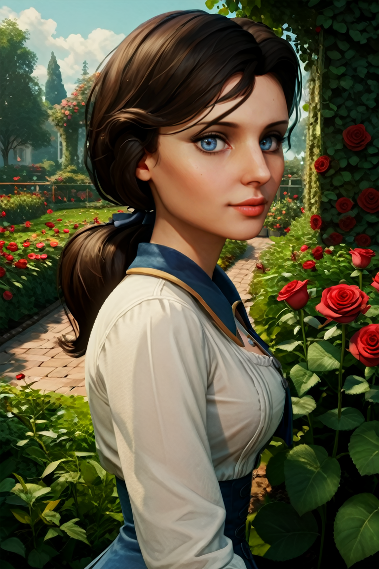 score_9, score_8_up, score_7_up, score_6_up, score_5_up, score_4_up
<lora:BioshockElizabeth:1.0>
BioshockElizabeth, 1girl, brown hair, ponytail, blue eyes, looking at viewer, rose garden, gardening, floral background