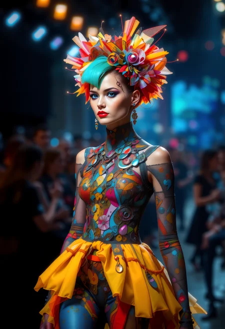 A vibrant runway showcases avantgardepunk fashion, where models strut with bold, colorful hairstyles and makeup, their faces adorned with intricate mechanical_arms and cybernetic implants. The clothing, a fusion of punk and futuristic styles, features distorted proportions and abstract shapes, leaving the audience captivated by the unique blend of art and technology. <lora:art and styles/MysticFantasy.safetensors:1.0>, <lora:wlop:0.8>,wlop, <lora:flux_trainer/fluxPunk_v11>
