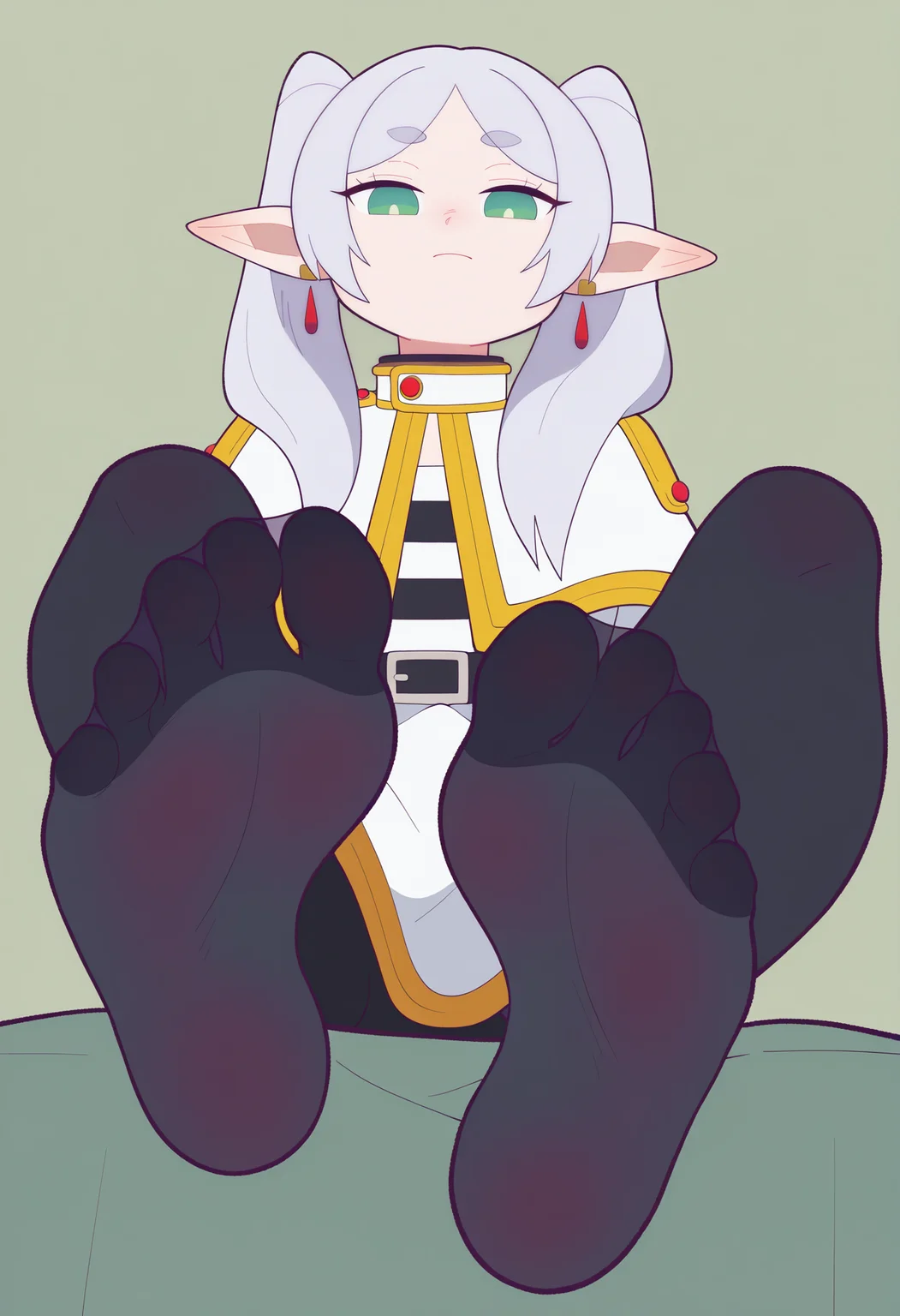 best quality, amazing quality, very aesthetic, absurdres,
BREAK
frieren, 1girl, green eyes, solo, sitting, foot focus, white capelet, black pantyhose,
looking at viewer,
from below, feet, soles, simple background, <lora:FlipherrNoobLocon_byKonan:1>
