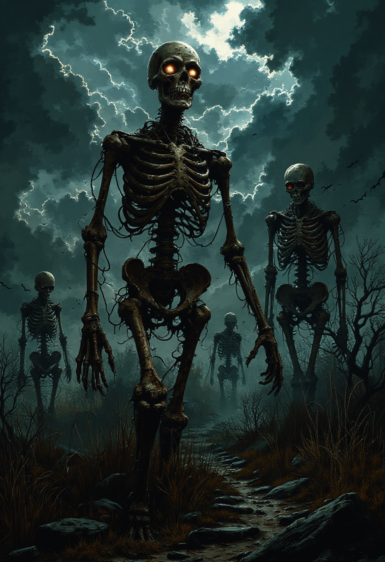 sp00k1h0rr0r The image presents a haunting, surreal landscape covered in tall, dry grass and mist, where rusted, skeletal figures adorned in steampunk gear rise from the ground. Each skeleton has clockwork joints, gears, and brass plating, their eye sockets glowing with a dim, eerie light. Their metal limbs are intricately detailed, entwined with mechanical wires and rusty metal plates that echo a bygone Victorian era. The sky above is dark and brooding, with thick clouds casting dramatic shadows. Some skeletons are posed as if frozen in mid-march, while others kneel or lay twisted on the ground, adding to the ominous and mysterious atmosphere. The lighting and composition echo award-winning horror photography, with dramatic contrasts and high detail, capturing an unsettling blend of decayed elegance and dread.