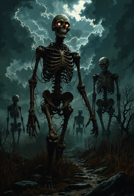 sp00k1h0rr0r The image presents a haunting, surreal landscape covered in tall, dry grass and mist, where rusted, skeletal figures adorned in steampunk gear rise from the ground. Each skeleton has clockwork joints, gears, and brass plating, their eye sockets glowing with a dim, eerie light. Their metal limbs are intricately detailed, entwined with mechanical wires and rusty metal plates that echo a bygone Victorian era. The sky above is dark and brooding, with thick clouds casting dramatic shadows. Some skeletons are posed as if frozen in mid-march, while others kneel or lay twisted on the ground, adding to the ominous and mysterious atmosphere. The lighting and composition echo award-winning horror photography, with dramatic contrasts and high detail, capturing an unsettling blend of decayed elegance and dread.