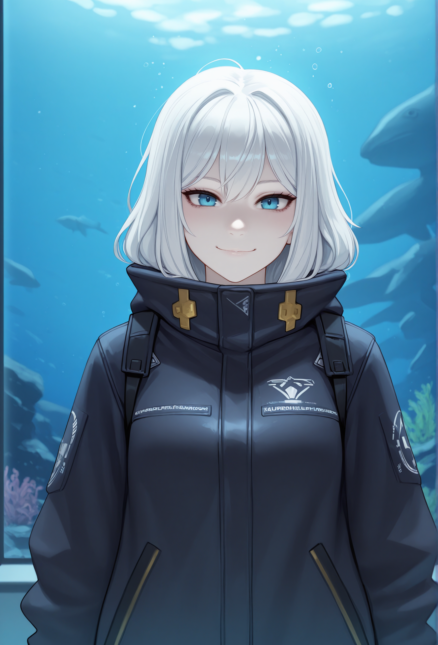 (masterpiece, best quality, very aesthetic, absurdres:1.2), 1girl, science fiction, aquarium, pale skin, white hair, straight-on, jacket, looking at viewer, smile, <lora:Kairunoburogu_style_illustrious_v1:1> kburogustyle