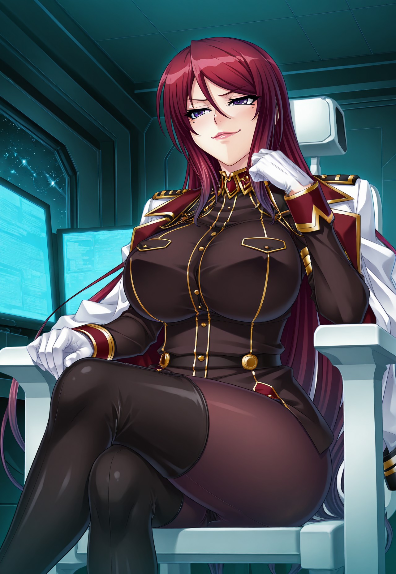 source anime, kagami hirotaka, official art, kangoku senkan 3, masterpiece, ultra-detailed, best illustration, high quality, absurdres, very aesthetic, highly detailed, highres, from below,
break,
looking away, evil smirk, smug, sitting, resting on hand, crossed legs, commander's chair, war room, indoor, spaceship, window, outer space, detail background, monitors,
break,
1girl, solo, alone, beatrice kushan, very long hair, red hair, swept bangs, parted bangs, sidelocks, gradient hair, multicolored hair, v-shaped eyebrows, purple eyes, mole under eye, lips, makeup, lipstick, large breasts, curvy, jewelry, military, black military uniform, turtleneck, military jacket, jacket on shoulders, taut clothes, buttons, long sleeves, sleeve cuffs, white gloves, armlet, black leggings, black thighhighs, thigh boots,
