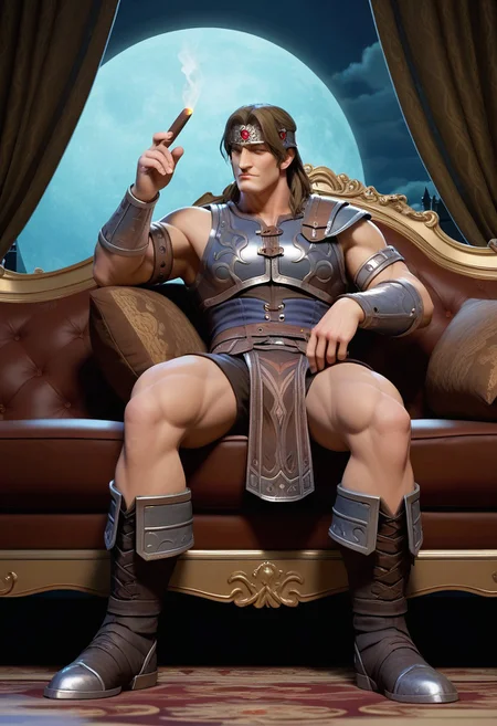 score_9, score_8_up, score_7_up, score_6_up, 1boy, male, muscular, (full body view:2), night, moon, sitting, sofa, smoking cigar, elegant room, simon belmont, simonbel, blue leather armor, jeweled headband, stylized blue breastplate, silver accents, black leather shorts, stylized loincloth, single pauldron, metal wristband, shoulder length brown hair, leather tassets, black boots