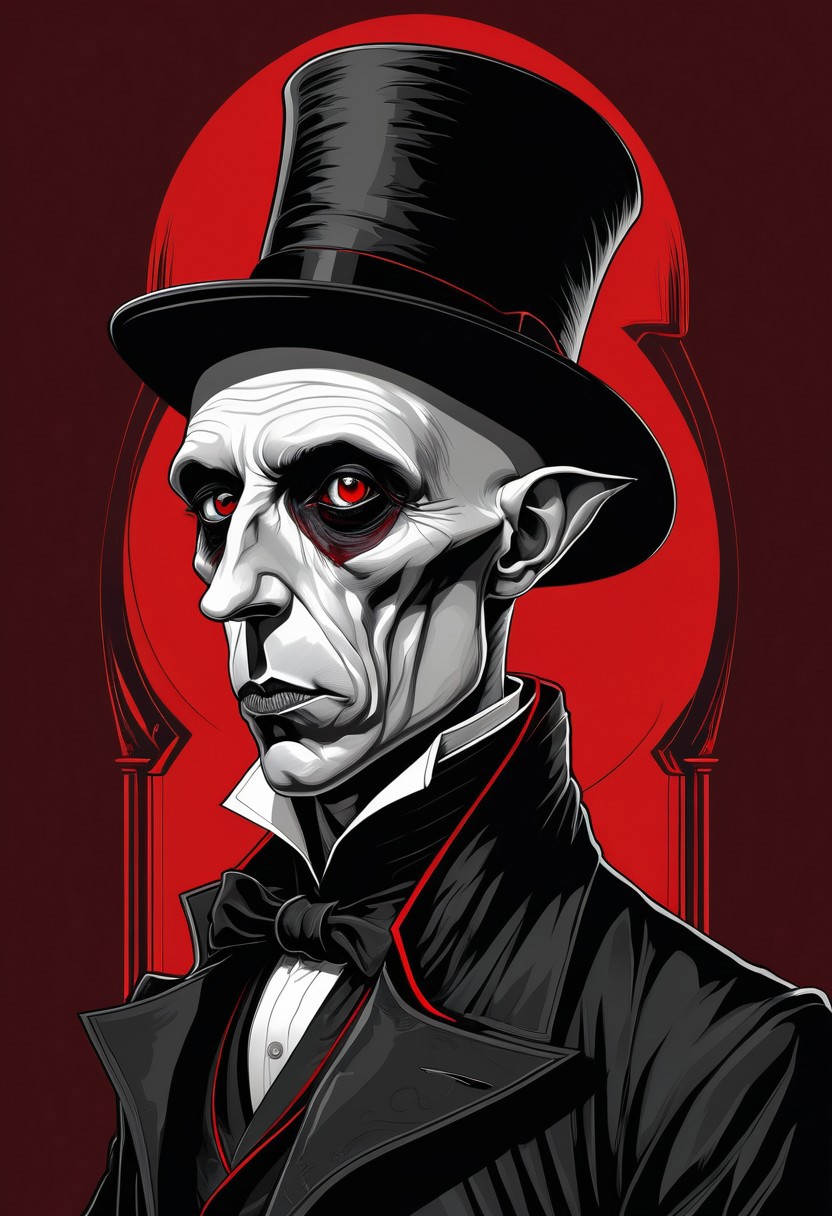 award winning digital art, side portrait of sophisticated vampire lord nosferatu wearing a suit and a high hat and a monocle, victorian style, masterpiece, extremely detailed, 32k, UHD <lora:xl_more_art-full_v1:1> <lora:detailed_notrigger:1> Minimalist vector illustration, futuristic, sharp angular designs, bold red background, intense expression, modern urban style, clean lines, high contrast between black, white, and red, sleek futuristic aesthetics.