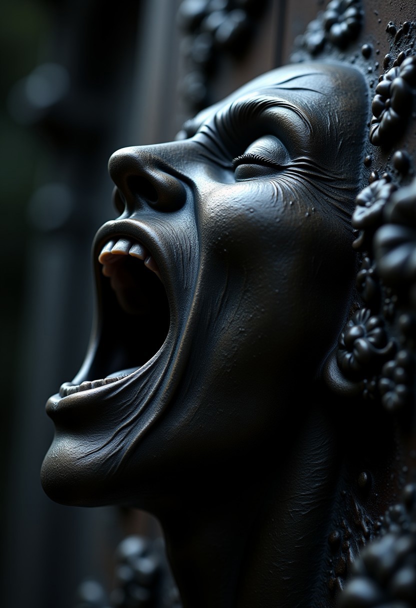 aidmaimageupgrader, a high quality digital image of a close-up of a relief sculpture of a human head. The sculpture appears to be made of a dark metalic material and is intricately detailed with a rough texture. The head is tilted upwards, with its mouth open wide and its eyes closed, as if it is screaming or shouting. The mouth is slightly open, and the teeth are visible. We see the scupture from a diagonal angle.The overall mood of the sculpture is dramatic and unsettling.
