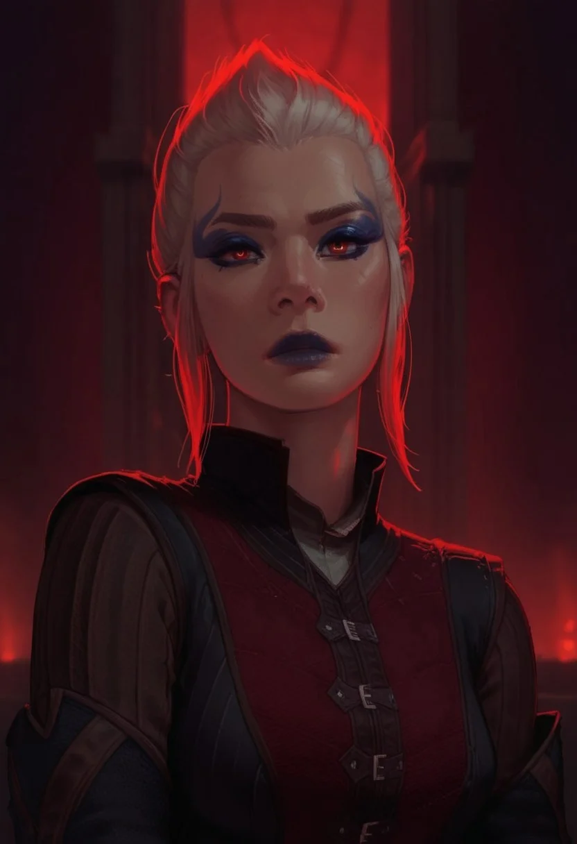 safe_pos, score_9, score_8_up,score_7_up, score_6_up, score_5_up, score_4_up,
BREAK, 1girl, bg3fem_warlock, pale skin, blue makeup, blue lipstick, red eyes, white hair, pointed hair,
BREAK, dark padded armor, seated on throne, elaborate stone throne with gold accents, throne room, skeletons in background, dark fantasy, looking at viewer, dark castle interior, fireplace, warm lighting, red lighting,
BREAK, aesthetic, wallpaper, high quality, concept art, realistic, dark theme, low light,