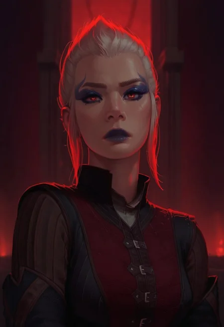safe_pos, score_9, score_8_up,score_7_up, score_6_up, score_5_up, score_4_up,
BREAK, 1girl, bg3fem_warlock, pale skin, blue makeup, blue lipstick, red eyes, white hair, pointed hair,
BREAK, dark padded armor, seated on throne, elaborate stone throne with gold accents, throne room, skeletons in background, dark fantasy, looking at viewer, dark castle interior, fireplace, warm lighting, red lighting,
BREAK, aesthetic, wallpaper, high quality, concept art, realistic, dark theme, low light,