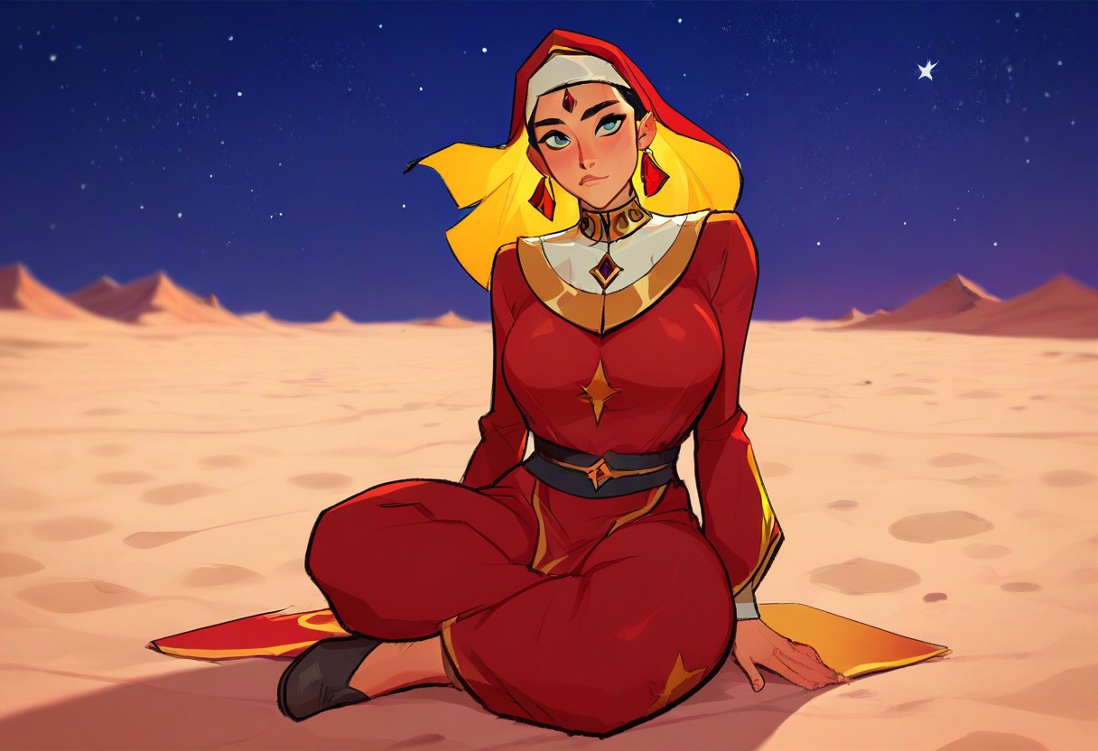 score_9, score_8_up,  score_7_up, 1woman, mature face, perfect eyes,   sand priestess, sitting on the sand, lotus pose,  desert, night, stars, oasis, highly detailed,  dynamic lighting,  depth of field, absurdres, best quality,