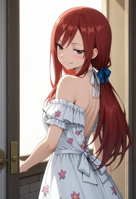 aesthetic, masterpiece, work of art, best quality, best, anime, detailed, score_9, score_8, score_7, Expressiveh, Sundress, With Bows and Ribbons, Sleeveless, Backless, Off Shoulder, Short Sleeved, Haltertop, Hair Ribbons, Checker-print, Frilly, Floral Print, Erza_Scarlet, blush, leaning against doorway, smirking, looking down at viewer