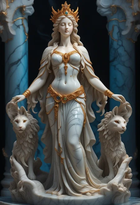 liquid marble statue of a goddess, she is slim and curvy, her eyes blaze with fiery passion, she cries tears of blood, she holds a sword in one hand and a dove in the other, ultra detailed, highly detailed, intricate, enchanted grotto sceny, high quality, masterpiece