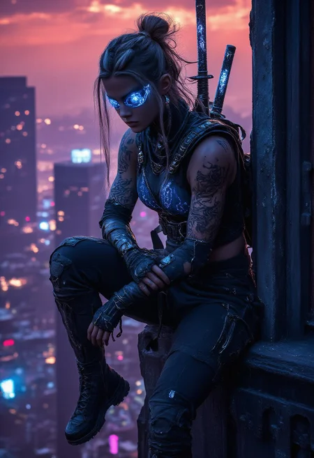 A powerful, futuristic athletic Slavic girl with glowing, cybernetic enhancements that run through her sleek, dark skin like neon veins. Her eyes are a striking electric blue, glowing faintly beneath a visor that provides a sharp, analytical gaze. She sits on the edge of a towering skyscraper, looking down at the neon-lit city below, a city of chaos and technology. Her outfit is a mix of sleek, modern tactical gear and high-fashion, with a sky blue tanktop lined with holographic patterns. Her pants are tight, reinforced with futuristic materials, and her boots are heavy, with metallic soles that click against the rooftop. She holds two gleaming katanas, their blades humming with energy, resting them on her shoulders as she contemplates, a sense of tired but unyielding strength in her posture. Her long hair is styled in a high ponytail, a few loose strands framing her face, giving her a sharp, focused look. Her face shows a hint of exhaustion, but her demeanor remains powerful and unbreakable, as if she’s conquered a thousand battles. Above her, a glowing city skyline stretches into the horizon, filled with towering skyscrapers, with a vivid red landscape. The entire scene has a gritty, cyberpunk atmosphere, with a strong, modern, and badass aura that radiates from her every move.