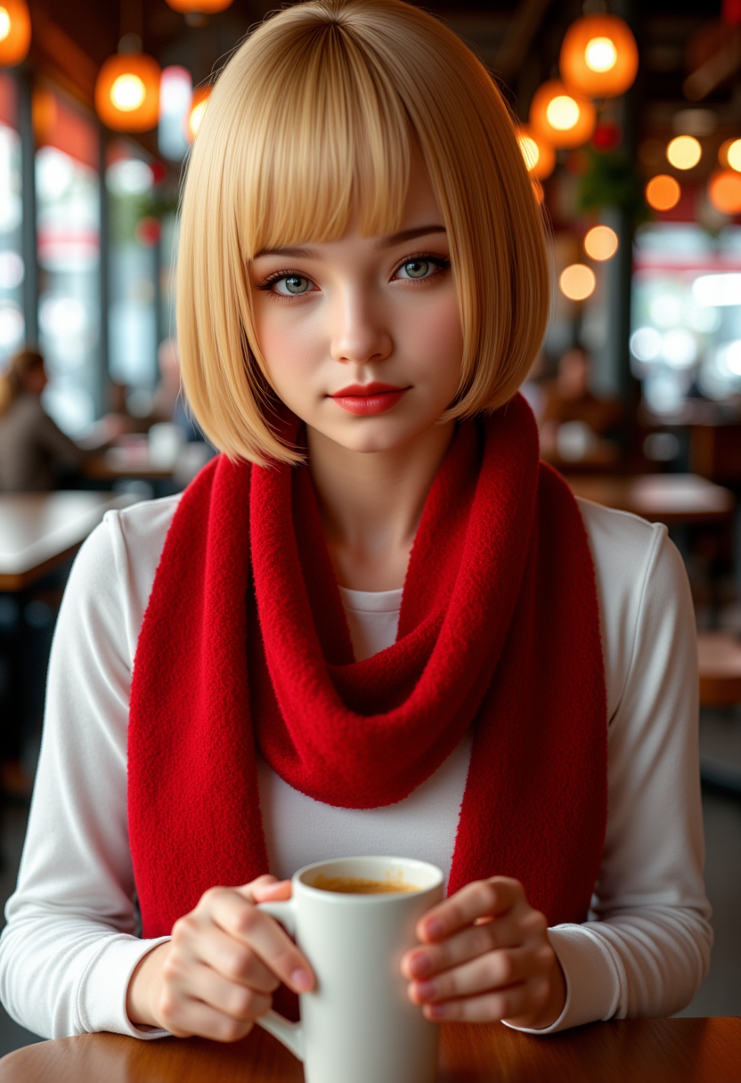 midshot,She is approximately 18 years old. Hyperrealism, she is looking at the camera, (dynamic angles), profile headshots of a beautiful, stunning unique female character. she has blonde hair. her eyes are filled with joy and excitement, extravagant eyelashes, a photo of a Samantha, she is wearing a red scarf, and a white shirt. She is sitting in a café, indoors, reading a book, with a cup of coffee sitting on the table in front of her. The café is decorated for Christmas.  The woman is posing confidently. She has a slight smile on her face and is looking directly at the camera. making this image a masterpiece of photography and digital art. realistic. making this image a masterpiece of photography and digital art. Style: realistic hyper-detailed rendering, 32k UHD, expressive eyes, punk, graphic design, girl's face, pretty and cute, gleaming lips, telling a tale of adventure. Exuding confidence and serenity. The overall mood of the image is happy and relaxed,detailed skin texture,(blush:0.2),(goosebumps:0.3),subsurface scattering,whimsical,Detailed hand, Perfect hand. Perfection style.
