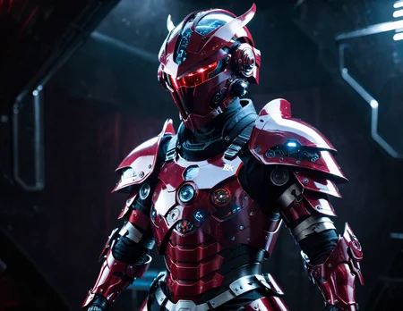 cybrk, a scifi warrior in dark red armor posing in a dark scifi laboratory<lora:cybrk-knight:1.4>