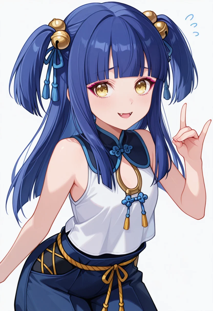 Smooth Quality,masterpiece,very intricate, high quality details, ultra realistic, high detailed skin,detailed enviorement,absurdres,
fox shadow puppet,
<lora:Ranran_CNR:0.8> ranran_cnr,1girl, blue hair, long hair, two side up, blunt bangs, yellow eyes, fangs, hair ornament, hair bell,hair ribbon, hair bobbles,makeup,, nervous,, simple background, white background, front view,solo,, peacoat, ,sleeveless shirt, ,bell-bottom pants, ,