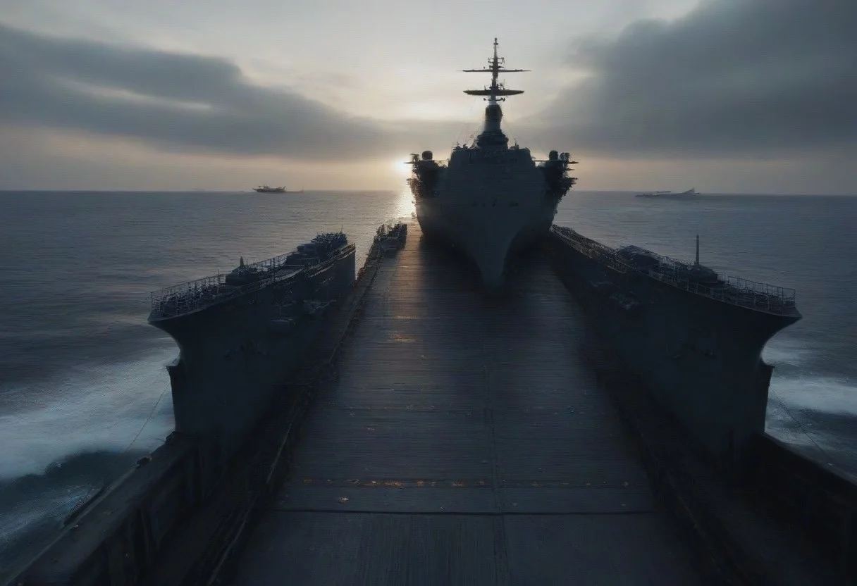 ,A person standing on the deck of a battleship, ocean in the background,military_ship, detailed ship structure, dramatic lighting, cinematic composition,Cinematic ww2 style