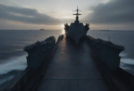 ,A person standing on the deck of a battleship, ocean in the background,military_ship, detailed ship structure, dramatic lighting, cinematic composition,Cinematic ww2 style