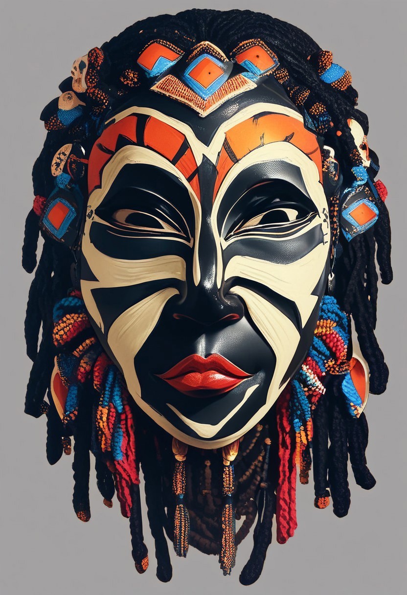 score_9, score_8_up, score_7_up, score_6_up, score_5_up, score_4_up, gorgeous face, dreadlocks, wearing mask, African mask, modern mask, 1girl, lipstick, pastel colour palette, 