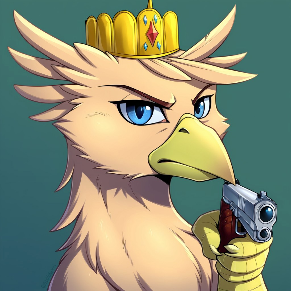 masterpiece, score_9_up, score_8_up, score_7_up, score_6_up, (best quality:1.1), ultra-detailed, high resolution, solo, grover_vi, griffon, feral, avian, beak, male, eyebrows, feathers, feathery ears, Beautiful detailed blue eyes, kaiser crown, naked, angry facial expression BREAK detailed facial features, expressiveh, highly visible, sharp focus, anatomically correct BREAK simple background, <lora:HandPointingAGunMeme_XLPD:1> holding weapon, handgun, holding gun, aiming at viewer, revolver, finger on trigger, highly visible, sharp focus, anatomically correct, simple background