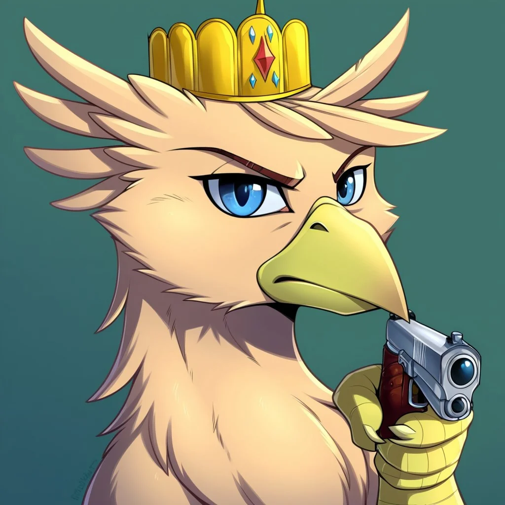 masterpiece, score_9_up, score_8_up, score_7_up, score_6_up, (best quality:1.1), ultra-detailed, high resolution, solo, grover_vi, griffon, feral, avian, beak, male, eyebrows, feathers, feathery ears, Beautiful detailed blue eyes, kaiser crown, naked, angry facial expression BREAK detailed facial features, expressiveh, highly visible, sharp focus, anatomically correct BREAK simple background, <lora:HandPointingAGunMeme_XLPD:1> holding weapon, handgun, holding gun, aiming at viewer, revolver, finger on trigger, highly visible, sharp focus, anatomically correct, simple background