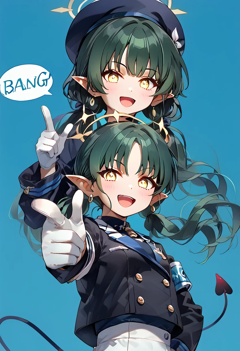 score_9, score_8_up, score_7_up, 2girls, anime source, extremely detail face, hikari \(blue archive\), nozomi\(blue archive\), green hair, long hair, twintails, pointy ears, yellow eyes, small breasts, double-breasted, armband, blue hat, black jacket, blush, jacket, cropped jacket, earrings, white gloves, halo, long sleeves, white pantyhose, demon tail, sidelocks, BREAK, looking at viewer, open mouth, smile, pointing at viewer, finger gun, bang (gesture), bubble speech "BANG", blended background <lora:Finger_Gun:1> <lora:Finger_gun_Shooting_Bang_Pose_for_Pony:1>