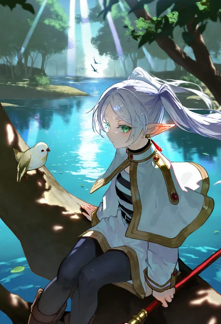 artist:[quasarcake|diyokama|fuzichoco|yoneyama mai|lam \(ramdayo\)|lifeline \(a384079959\)], 1girl, frieren, solo, green eyes, staff, outdoors, elf, tree, long hair, white capelet, twintails, pointy ears, pantyhose, colored eyelashes, looking at viewer, lake, water, wet, floating hair, bird, nature, scenery, tree shade, dappled sunlight, sitting in the dark shade of a tree, dark, high contrast, light beam, close-up,
masterpiece, best quality, very aesthetic, absurdres, newest
<lora:noobai_vpred_1_aqm_complete_v3:1>