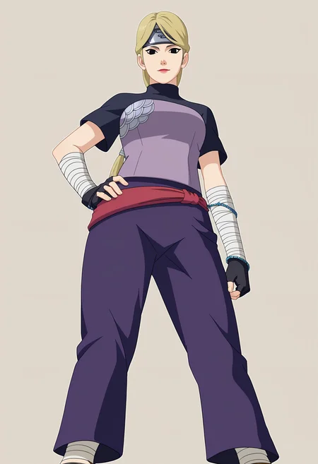score_9,score_8_up,score_7_up, game cg,
from below,standing, hand on hip,
yugitore, solo, 1girl, looking at viewer,
black eyes, blonde hair, forehead protector,lipstick, breasts, ponytail,
black and purple blouse, short sleeves, fingerless gloves, bandaged arms, bracelet around arm,
purple pants, red belt,
serious, smile, closed mouth,
bandaged legs, sandals,
simple background,perfect lighting,
<lora:Naruto_YugitoNii_RE_PXL-000019:1>
