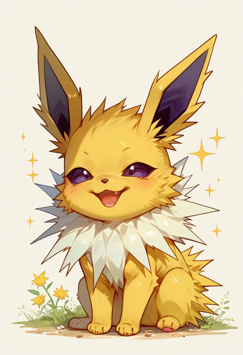 score_9, score_8_up, score_7_up, source_anime, solo, Jolteon, happy, (Feral Jolteon, chibi body:1.3), simple background, (detailed image, high resolution, 5k resolution:1.0), (chibi art style:1.1)