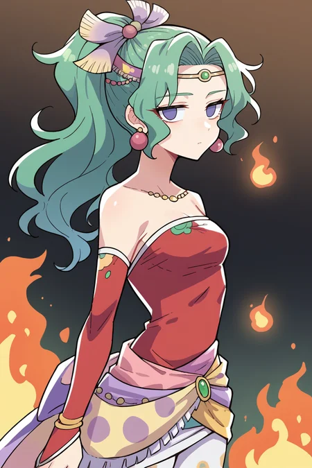 score_9, score_8_up, source_anime, 1girl, solo BREAK <lora:tinabranford-pdxl-nvwls-v1-000006:1> tina branford, green hair, ponytail, hair ribbon, earrings, red dress, strapless, detached sleeves, clothes around waist, print legwear, looking at viewer, expressionless, gold circlet, hypnotized, village, fire, from side, empty eyes
