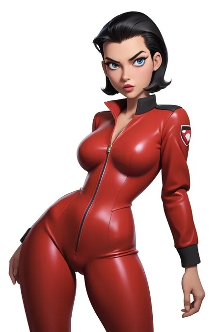1girl as cartoon character, facing camera, red black white gundam mobile suit pilot jumpsuit, collared mini pilot jacket, short hair, slick back hair, perfect hands, high heels, black hair, perfect big blue eyes, looking at viewer, round breast, wide hips, white background, clean background, <lora:p3r3zstyle:0.8>, kkw-ph1, pastel, see through, bulging thighs, camel toe