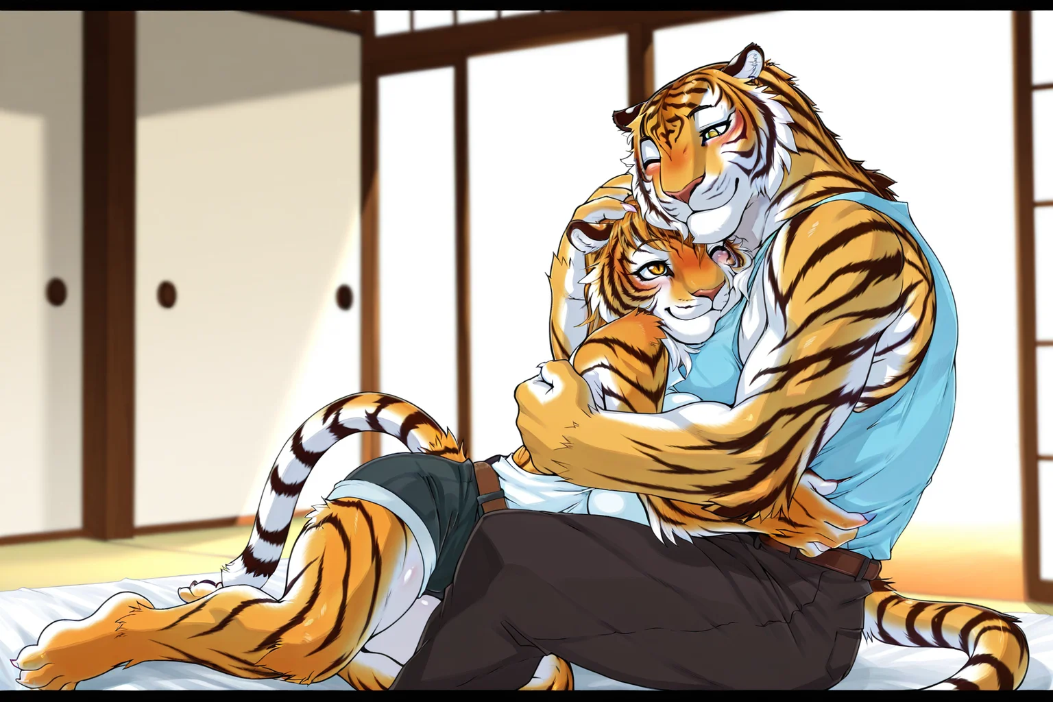 masterpiece, best quality, amazing quality, very aesthetic, high resolution, ultra-detailed, absurdres, newest, scenery, depth of field, scenery, volumetric lighting, by kemosuke, furry, furry male, furry female, anthro, tiger, orange fur, hug, duo, smile, animal ears, breasts, muscular male, hug from behind, sitting, shorts, pants, tail, sleeveless, smile, tank top, shirt, black pants, sleeveless shirt, one eye closed, tiger stripes, closed mouth, belt, heads together, furry with furry