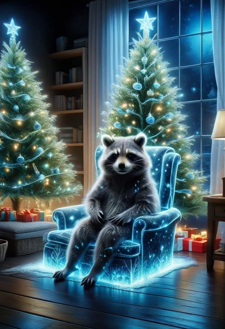 very realistic photography, a beautiful Christmas tree with gifts at the foot of the tree. An anthro anthropomorphic raccoon is relaxing in the recliner chair near the tree, (hyper detailed:1.5) (very detailed:1.5), (photo:1.5,) (photorealism:1.5), (realistic:1.5), bright light from toys, close-up, (mj:1.5), (cinematic:1.5), winter forest landscape, no text, (best quality:1.5), (high quality photography:1.5), HD, 8K, 4K,