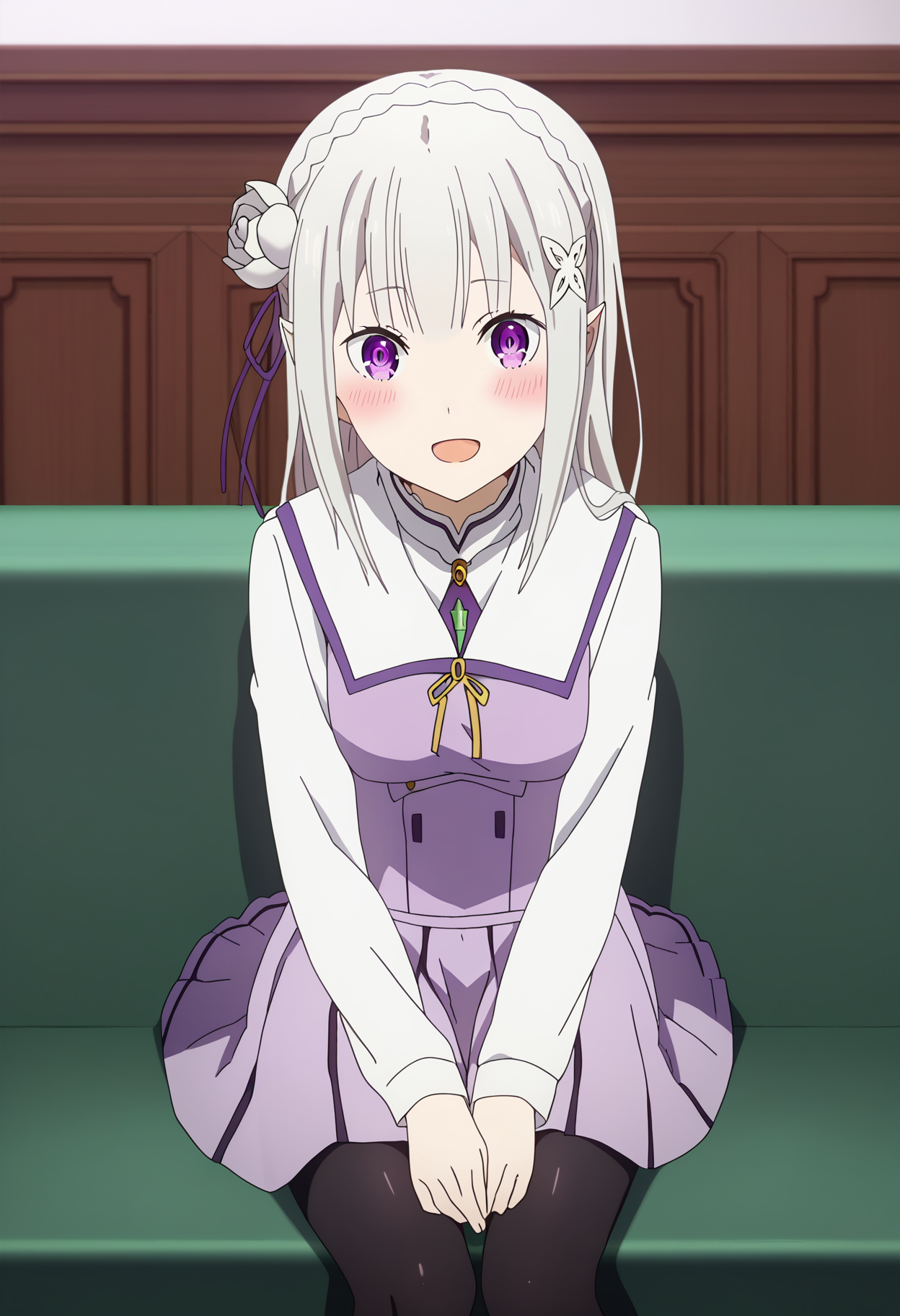 score_9, score_8_up, score_7_up, source_anime,
BREAK
<lora:shiLoveisWarStyleV1:1>, shilovewarstyle, 
1girl, solo, 
<lora:shiEmiliaV2:1> shimilia, long hair, grey hair, purple eyes, pointy ears, crown braid, hair flower, hair ribbon, purple ribbon, x hair ornament, 
looking at viewer, smile, indoors, 
school uniform, white shirt, purple skirt, pleated skirt, black thighhighs, pantyhose, sitting, open mouth, blush,