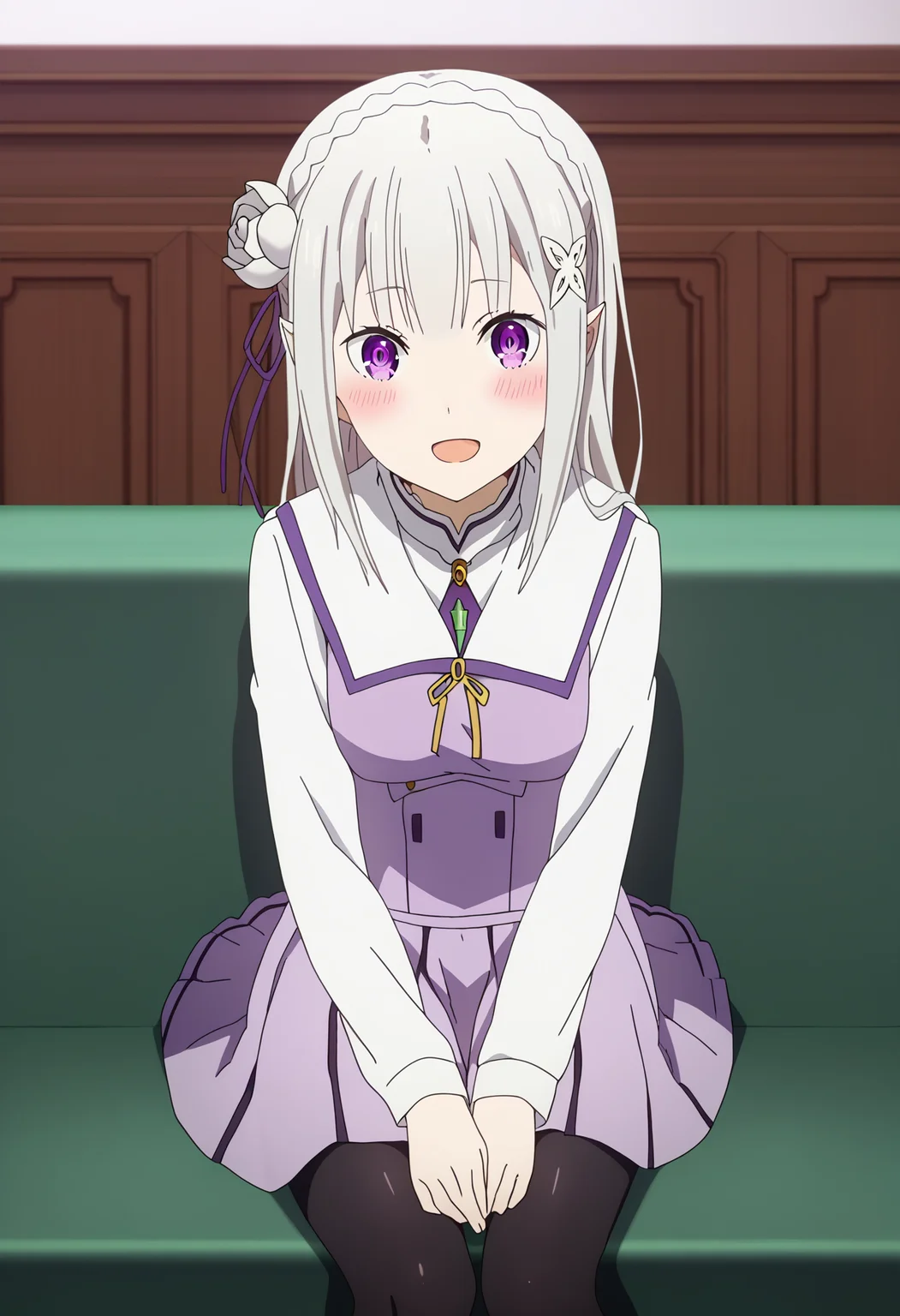 score_9, score_8_up, score_7_up, source_anime,
BREAK
<lora:shiLoveisWarStyleV1:1>, shilovewarstyle,
1girl, solo,
<lora:shiEmiliaV2:1> shimilia, long hair, grey hair, purple eyes, pointy ears, crown braid, hair flower, hair ribbon, purple ribbon, x hair ornament,
looking at viewer, smile, indoors,
school uniform, white shirt, purple skirt, pleated skirt, black thighhighs, pantyhose, sitting, open mouth, blush,