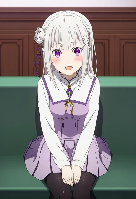 score_9, score_8_up, score_7_up, source_anime,
BREAK
<lora:shiLoveisWarStyleV1:1>, shilovewarstyle,
1girl, solo,
<lora:shiEmiliaV2:1> shimilia, long hair, grey hair, purple eyes, pointy ears, crown braid, hair flower, hair ribbon, purple ribbon, x hair ornament,
looking at viewer, smile, indoors,
school uniform, white shirt, purple skirt, pleated skirt, black thighhighs, pantyhose, sitting, open mouth, blush,